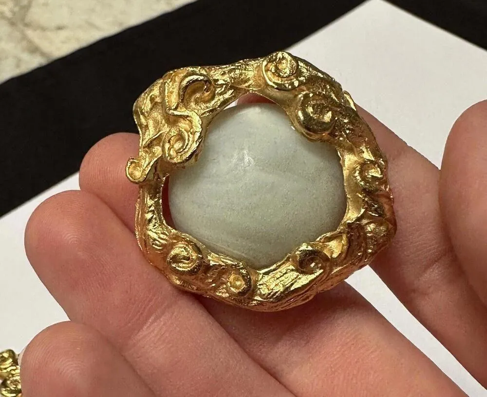 Large Chunky Clip On Earrings Gold Tone Wave Swirls Marbled Light Green Center - Image 4