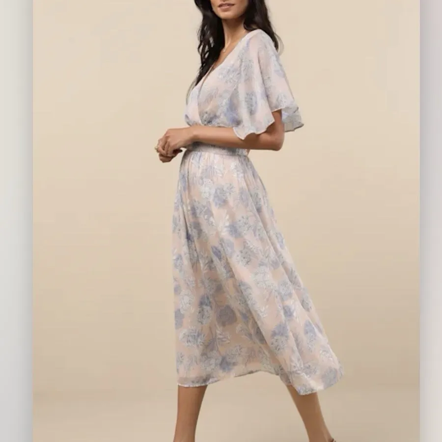 Lulus Subtle Romance Beige Blue Floral Ruffle Flutter Sleeve Midi Dress Size XL - Image 4