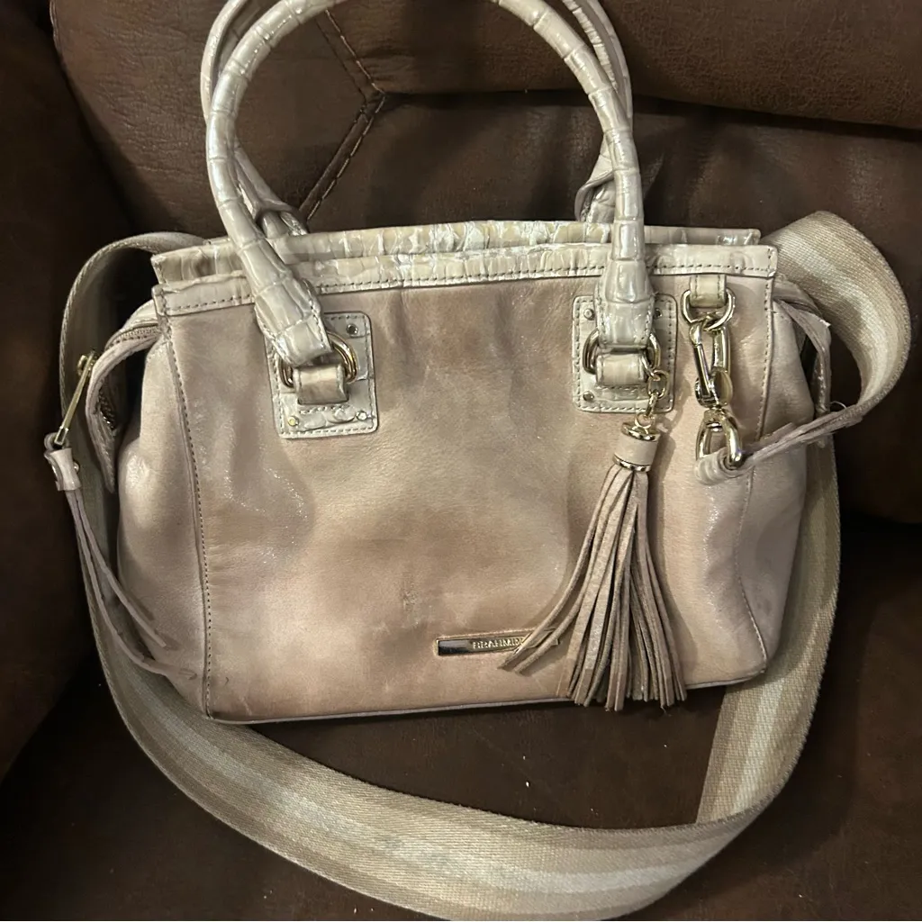 Brahmin Mini Schooner Satchel shoulder bag in warm grey versatile convertible - Image 13