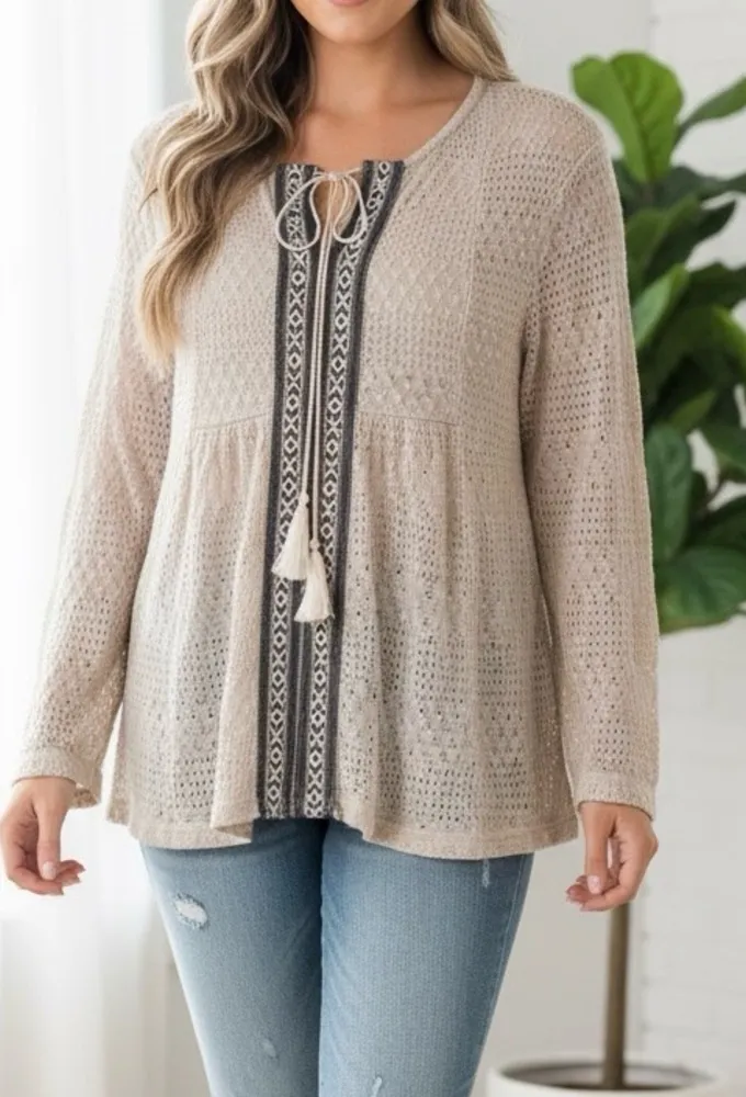 Simply Noelle Beige Knit Blouse Cottagecore boho crochet style size 12-14 - Image 1