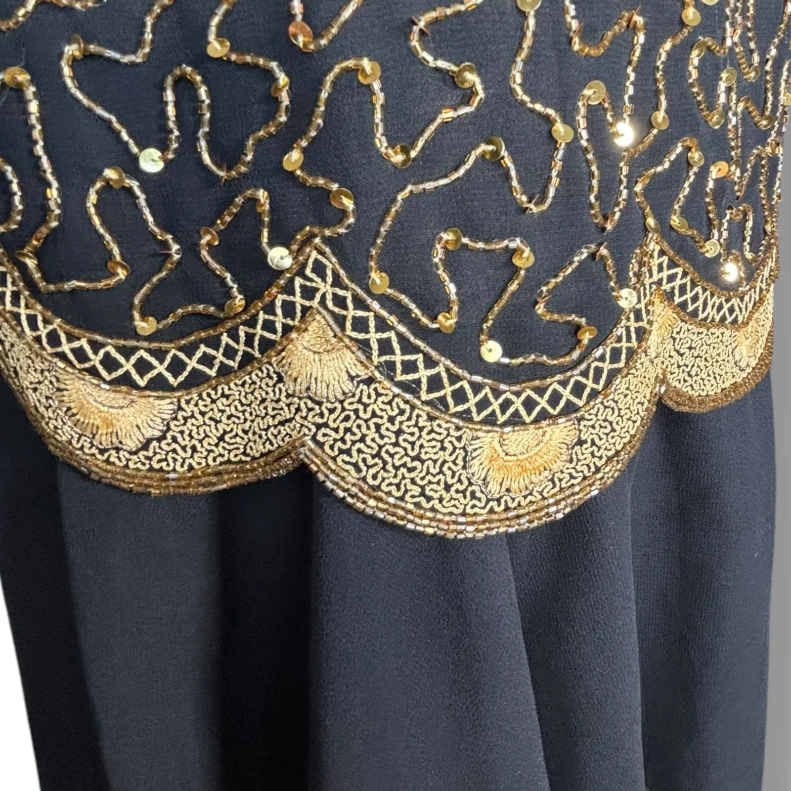 Vintage Beaded Drama Black Gold Drop Waist Sequin Cocktail Dress Sleeveless 4 Size M - Image 9