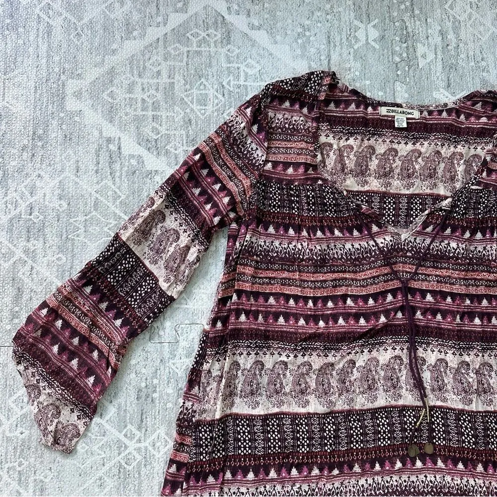 Billabong Sz XS Take Me Away Dress in Pinot Maroon Boho Longsleeve Paisley Dress - Image 5