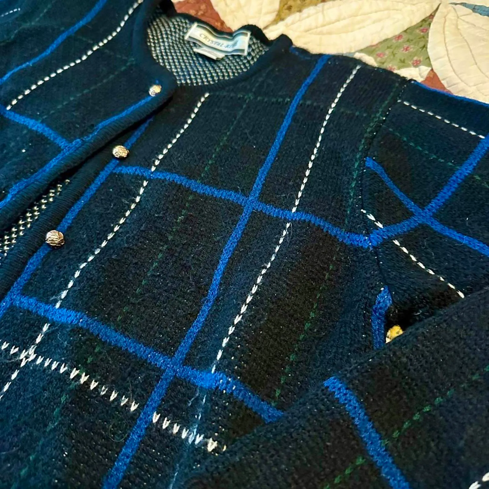 Unique vintage blue & black plaid cottagecore winter holiday cardigan sweater - Image 2