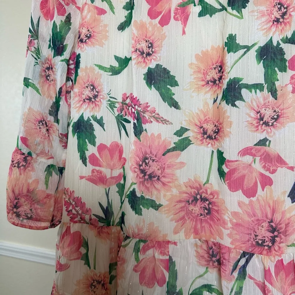 Romantic Floral Peplum Flowy Blouse 3/4 Sleeves Medium Pink Green Feminine Top - Image 9