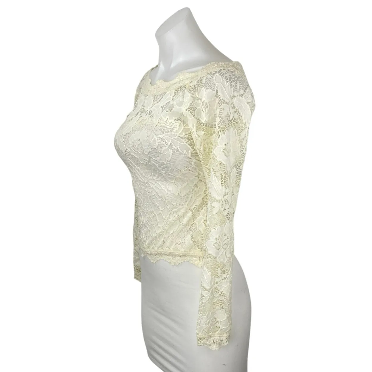 Free People Intimately Cream Long Sleeve Floral Lace Boat Neck Blouse Top Sz XS - Image 2