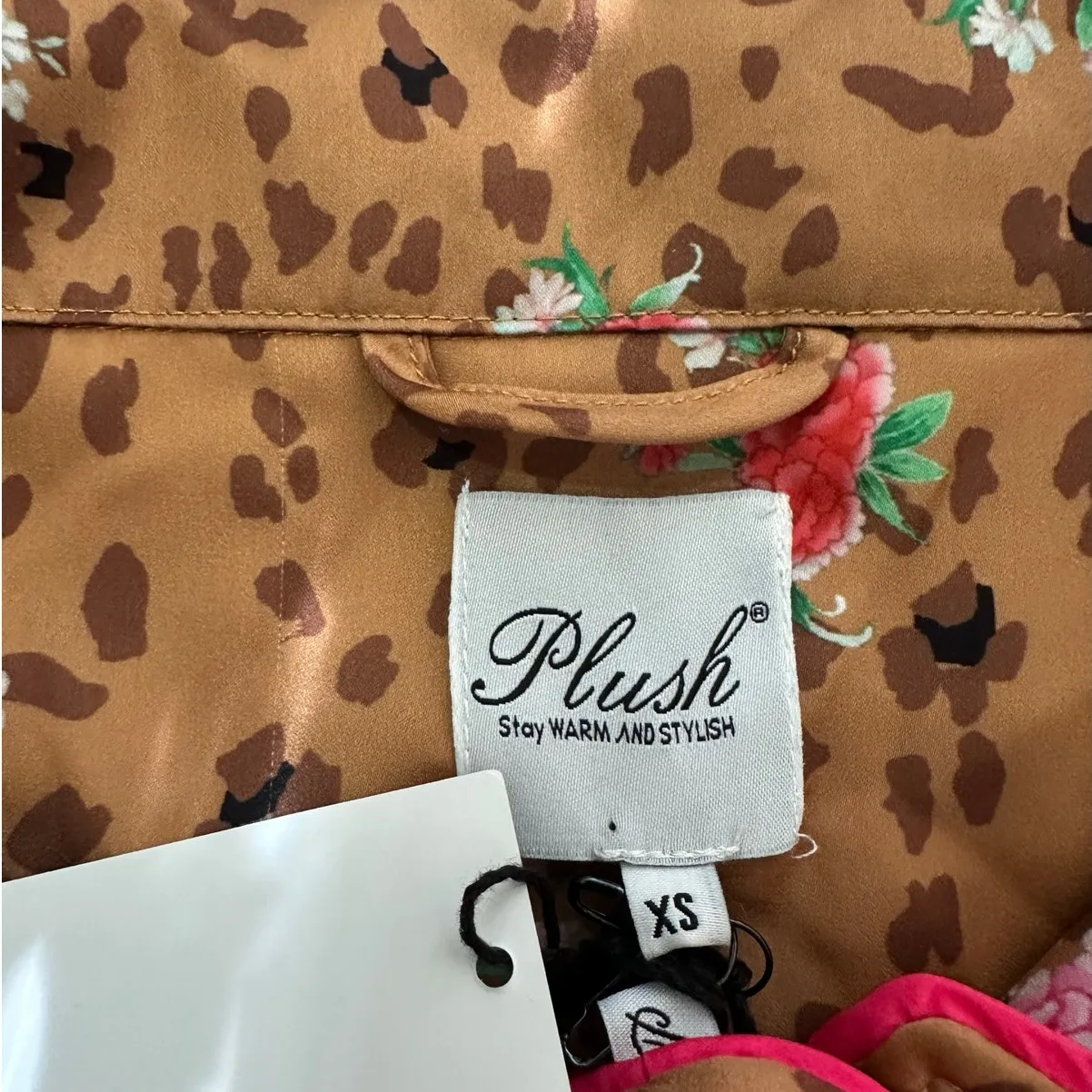 Plush Leopard Floral Satin Pajama Set with Shorts & Eye Mask Size XS Brown - Image 5