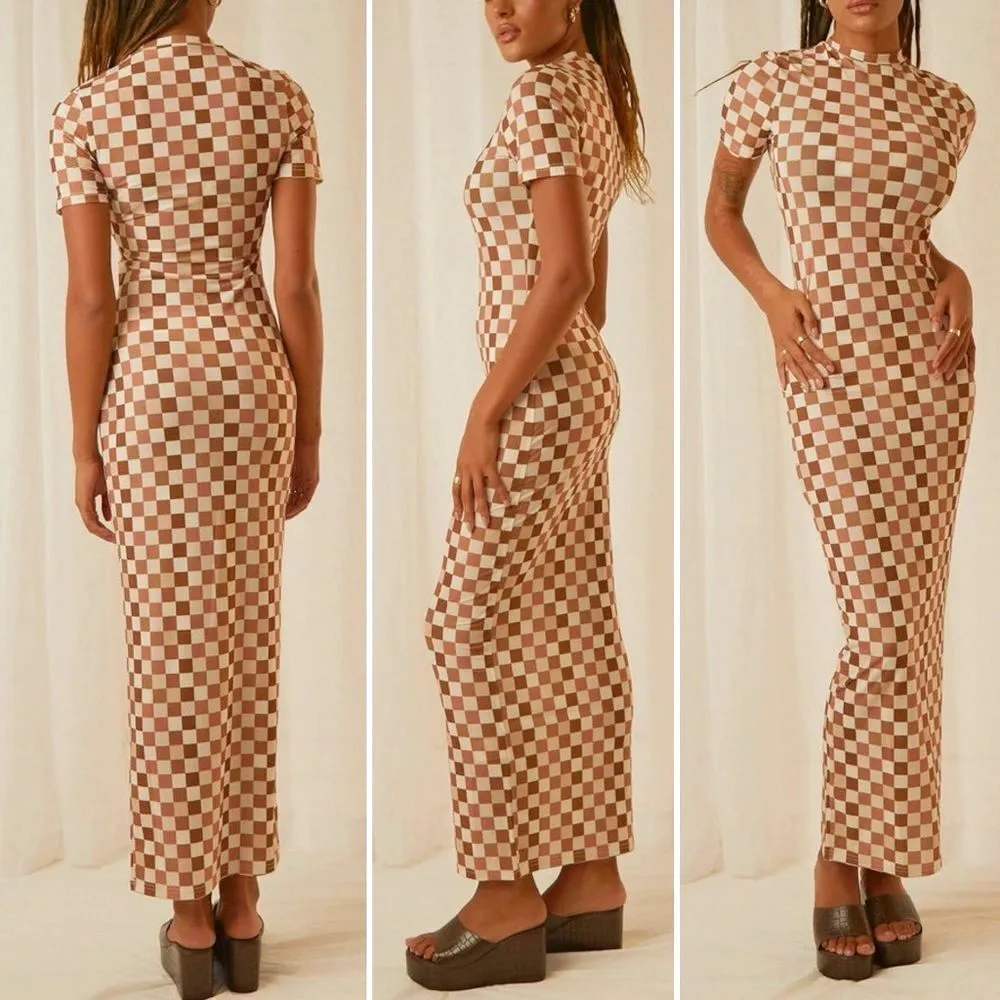 NWT Peppermayo Into The City Mesh Maxi Dress Cocoa Cream Check Womens Size 6 NEW - Image 10