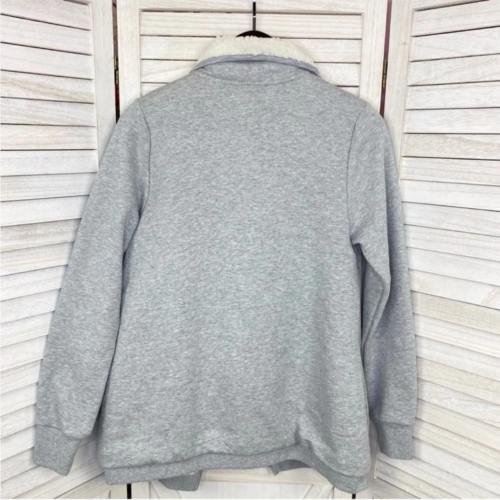 Blank NYC Faux Sherpa Lined Cocoon Jacket Jersey Knit Gray Cream Small Open‎ - Image 8