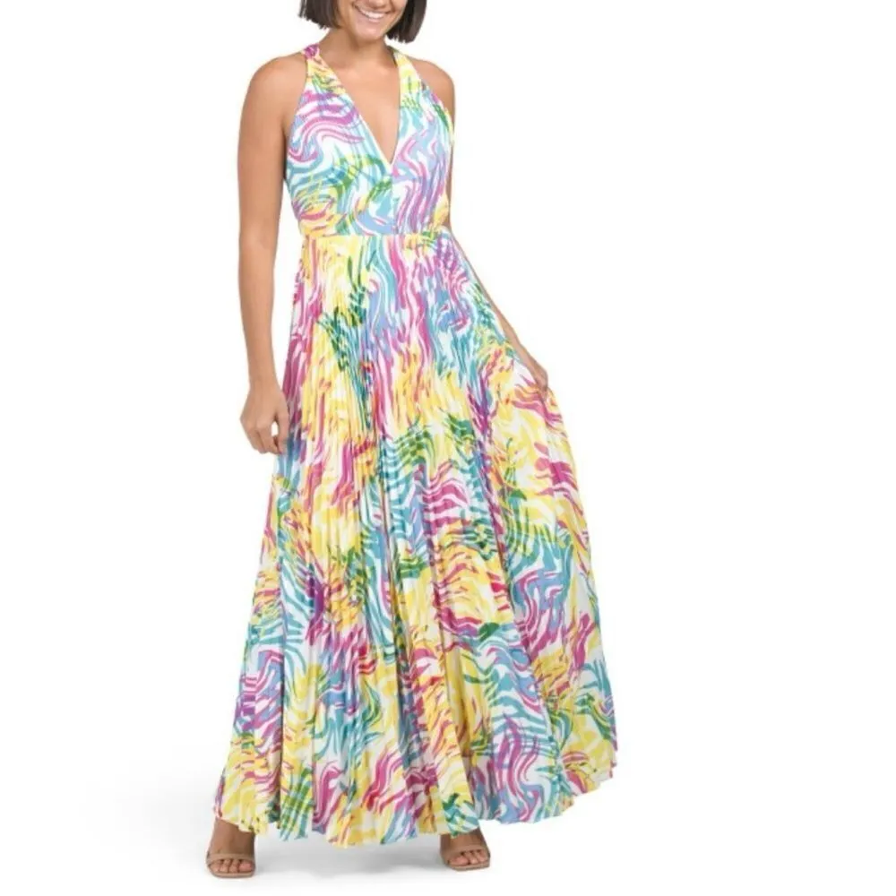 Milly Oria Waves of Zerbra Pleated Halter Maxi Dress Yellow Pink Multi Size 4 - Image 2