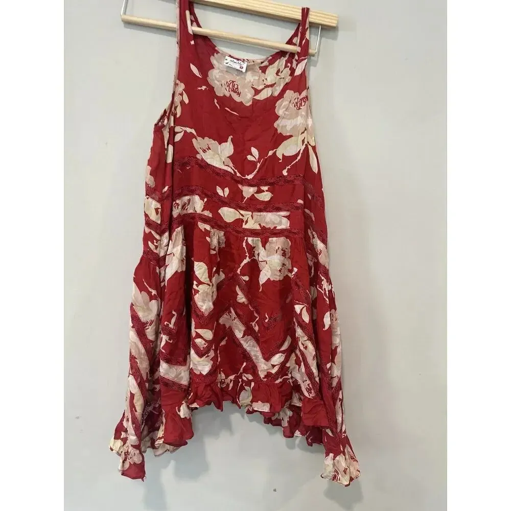 INTIMATELY FREE PEOPLE Red Floral VOILE & LACE Trapeze Slip Dress Size XS 1085 - Image 3
