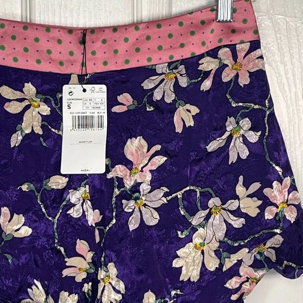 Mango MNG Purple Floral Shorts Sz XS Ruffle Hem High Waist NWT - Image 13