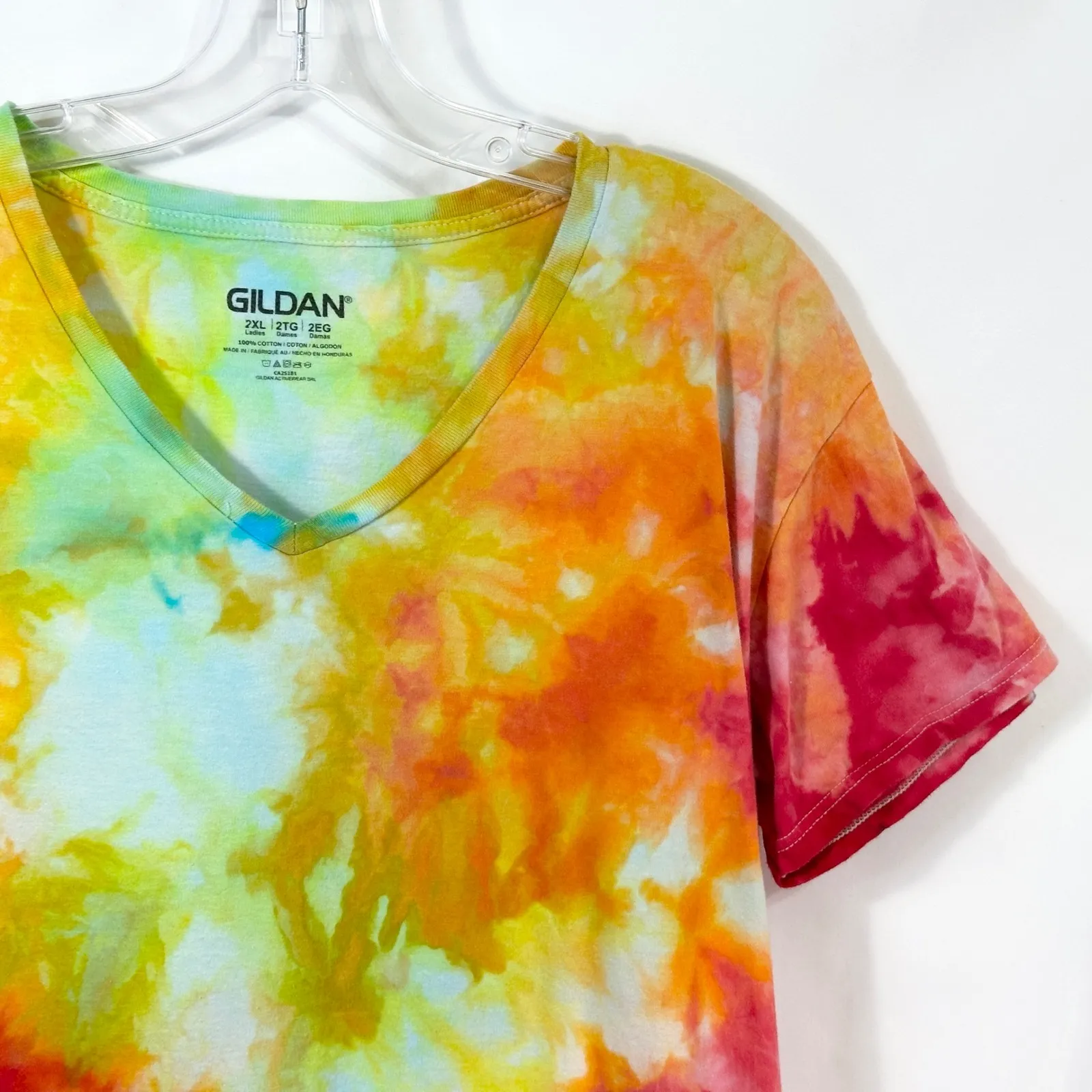 Handmade Tie Dye Size 2XL Shirt‎ Green Red Orange V Neck Short Sleeve Boho 1131 - Image 6