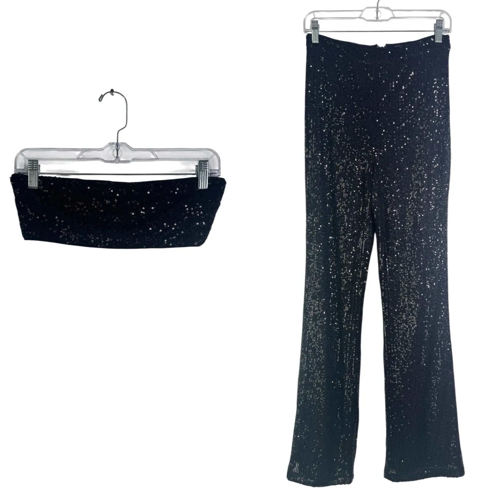 Camila Coelho Calvin Matching‎ Set Strapless Crop Top & Pants Sequin Black Small - Image 2