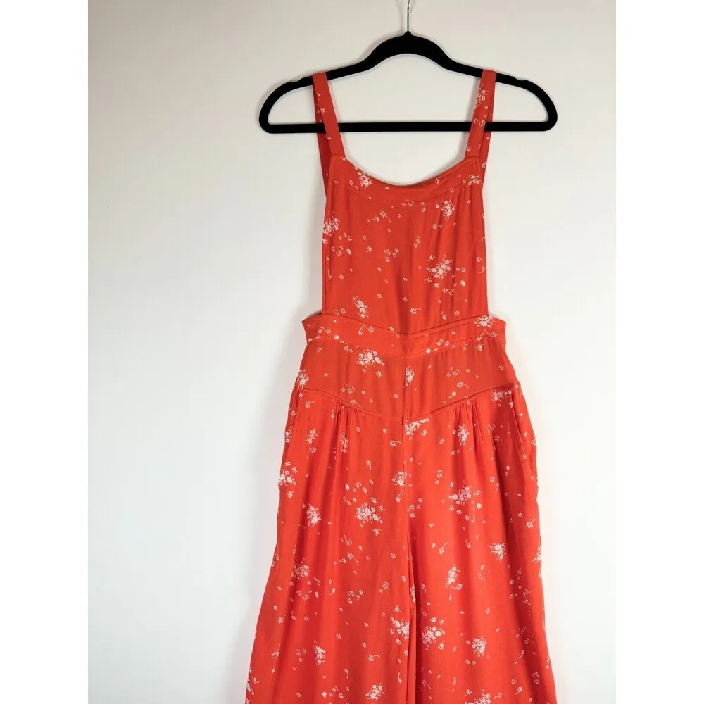 Free People Womens Jumpsuit Orange Sweet In The Streets Floral Overalls Size XS - Image 4