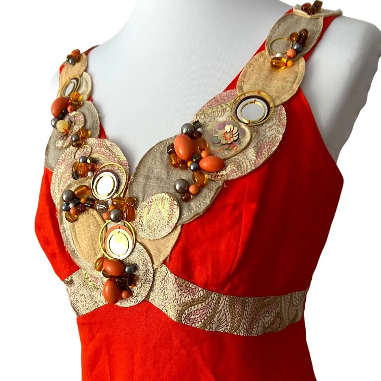 Vintage Medium Dress Y2K Cocktail Paris Beaded Linen Large Rene Derhy RARE Boho Orange - Image 4