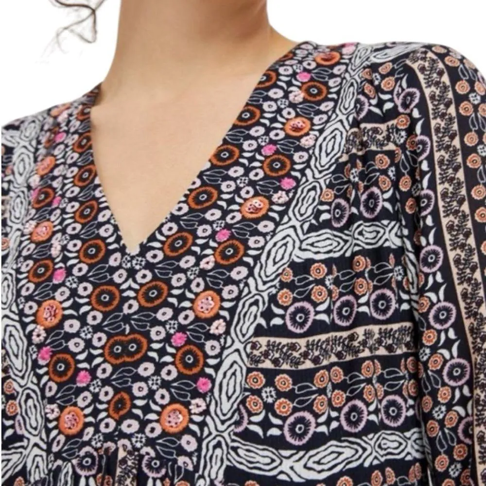 Maeve Anthropologie Babydoll Dress V-neck Bell Sleeve Black Multi Women Size XL - Image 13