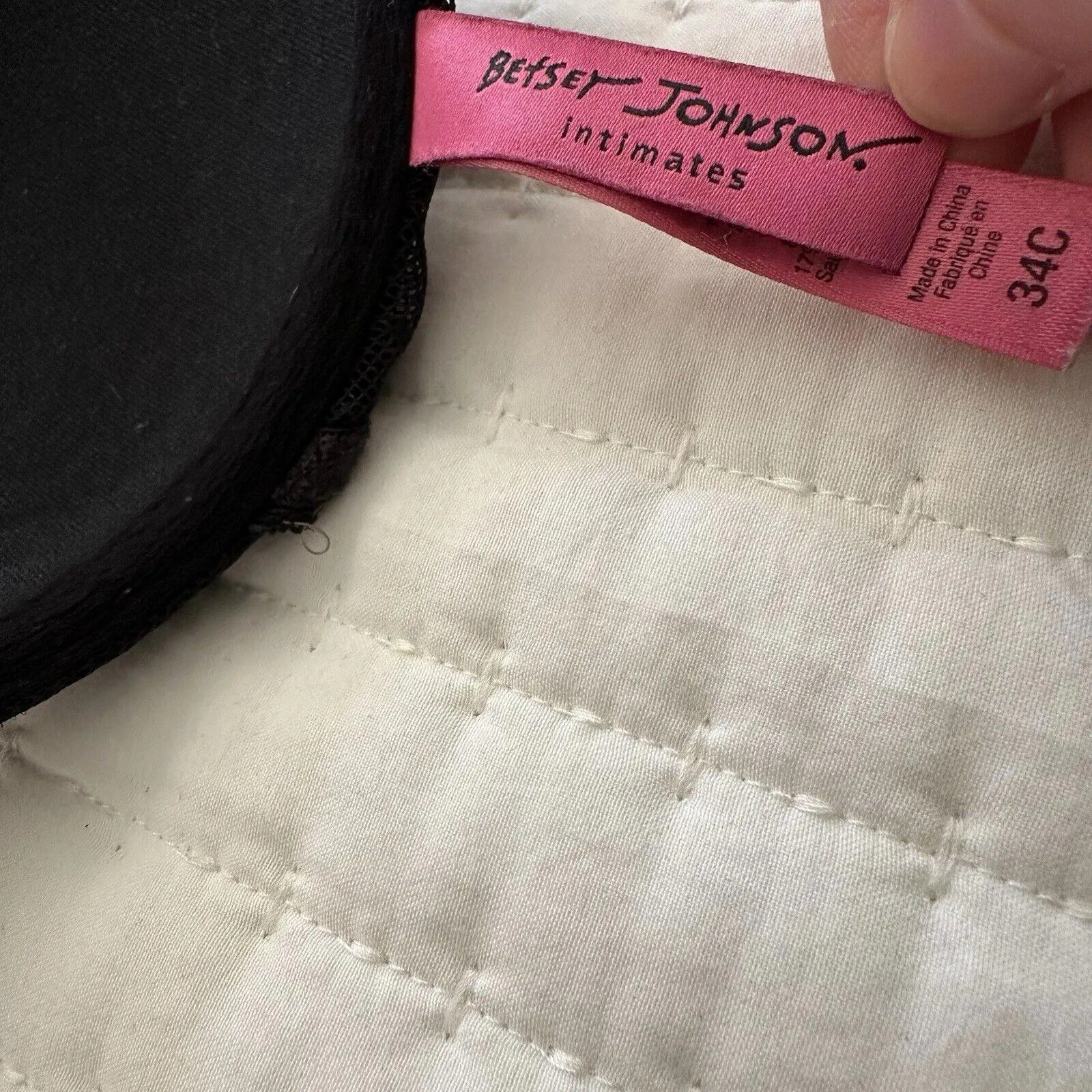 Betsey Johnson  Lined Bra 34C Underwire Black Lace & Mesh With White Ribbon - Image 3