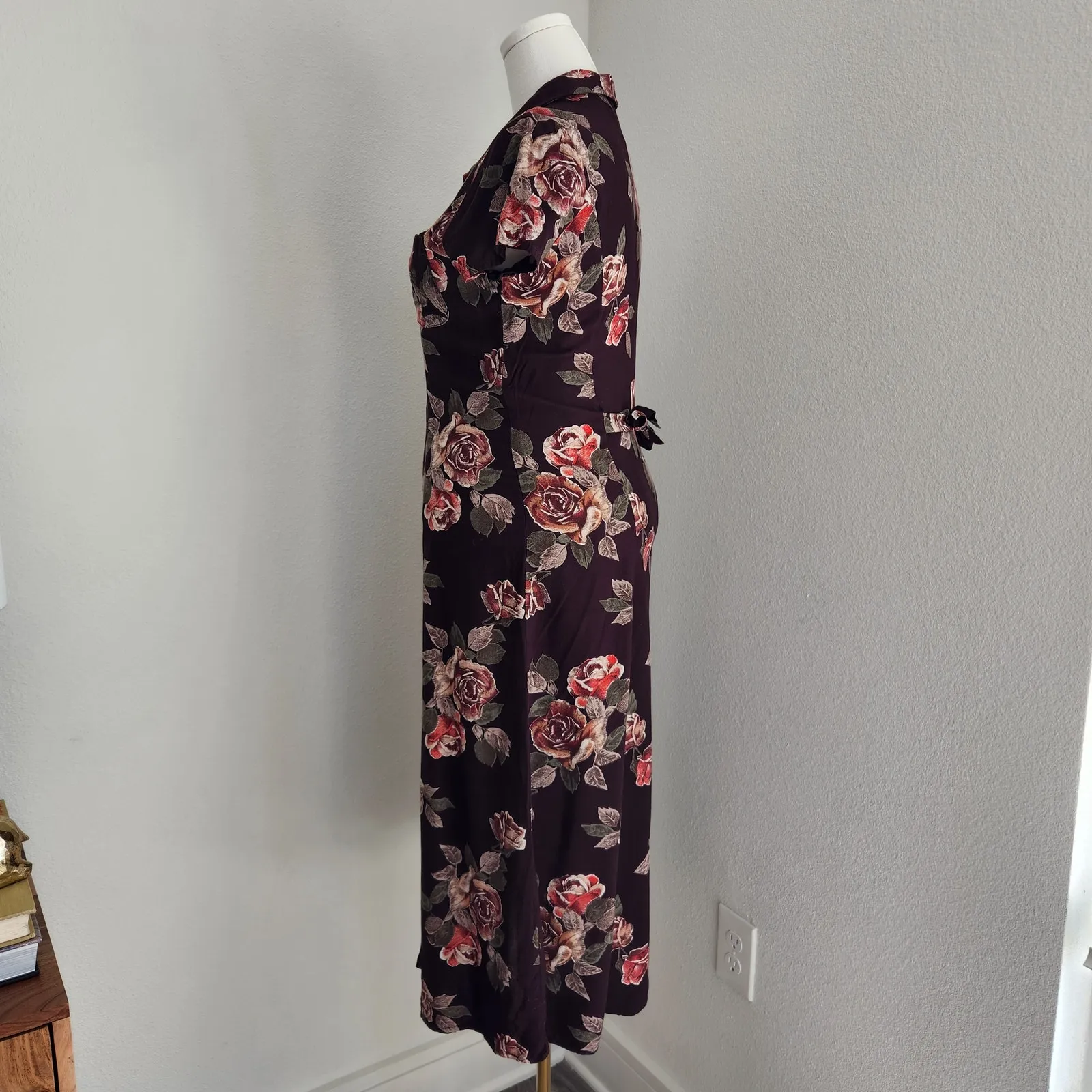 90s IZ California Brown Rose Print Button Front Midi Shirt Dress Short Sleeve M Size 8 - Image 4