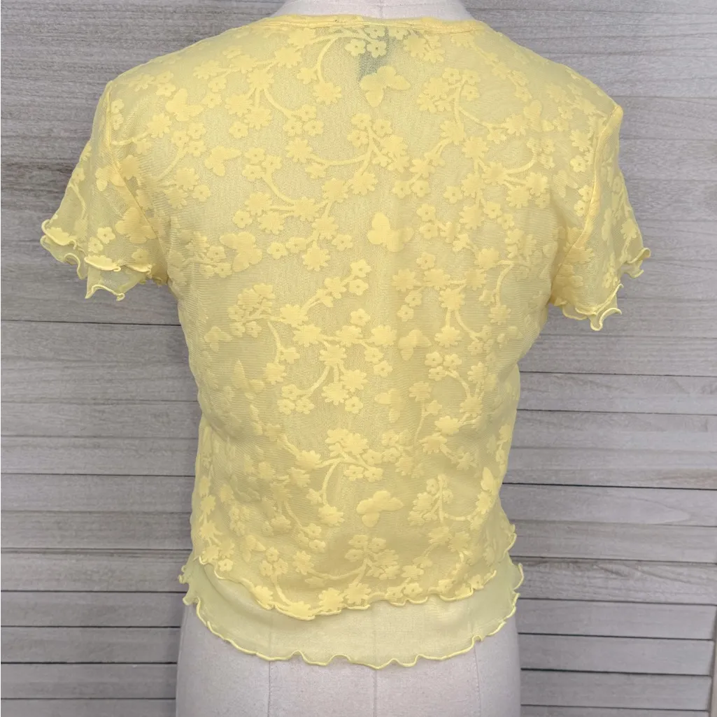 FOREVER 21 Sheer Layered Chiffon Crop Tee Lettuce Edge Floral/Butterfly Yellow-L - Image 2