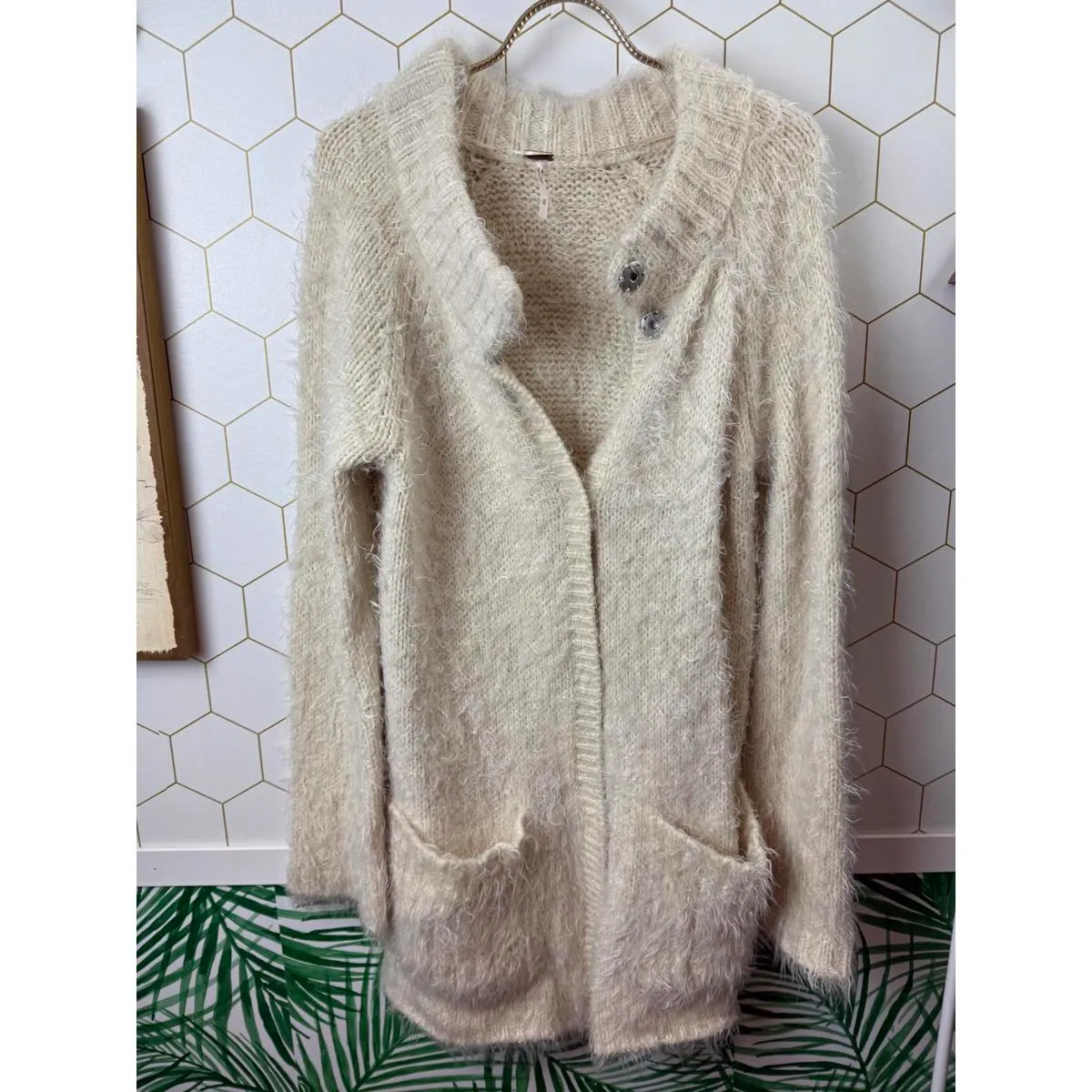 Free People Cream Fuzzy Sweater Open Cardigan Coat - Size - Medium - Image 9