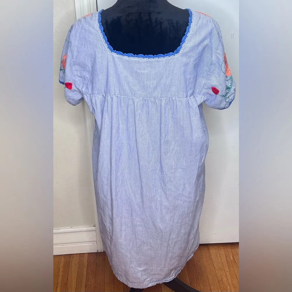 Roller Rabbit Blue & White Stripe Floral Embroidered Crochet Shift Dress Sz L/XL - Image 11
