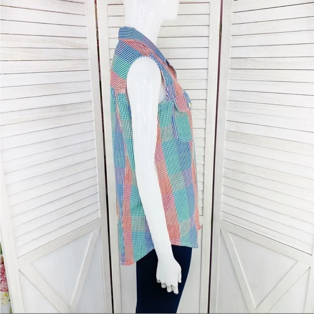 Bill Blass Check Color Block Sleeveless Button Front Shirt‎ Multicolor Small - Image 3