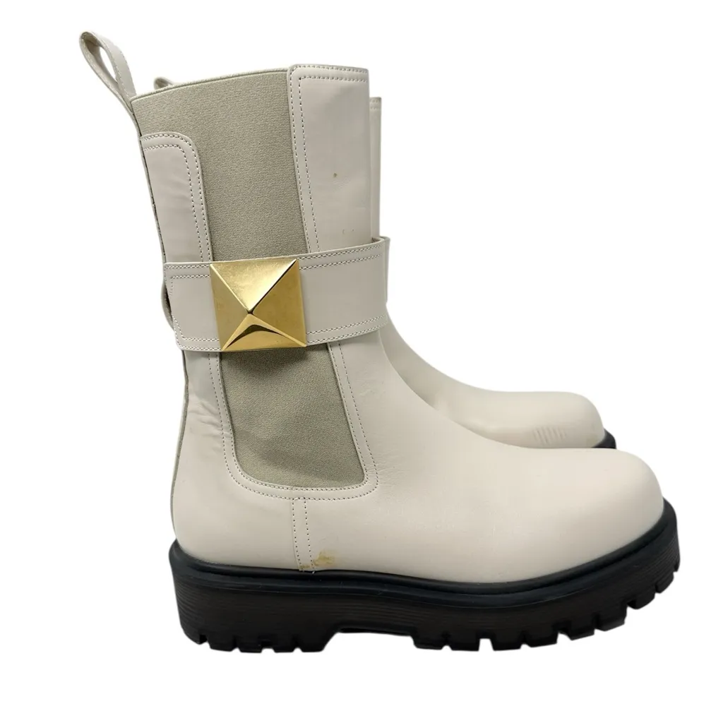 Valentino Garavani Beatle One Stud Cream Belted Leather Chelsea Boots Size 37.5 - Image 2