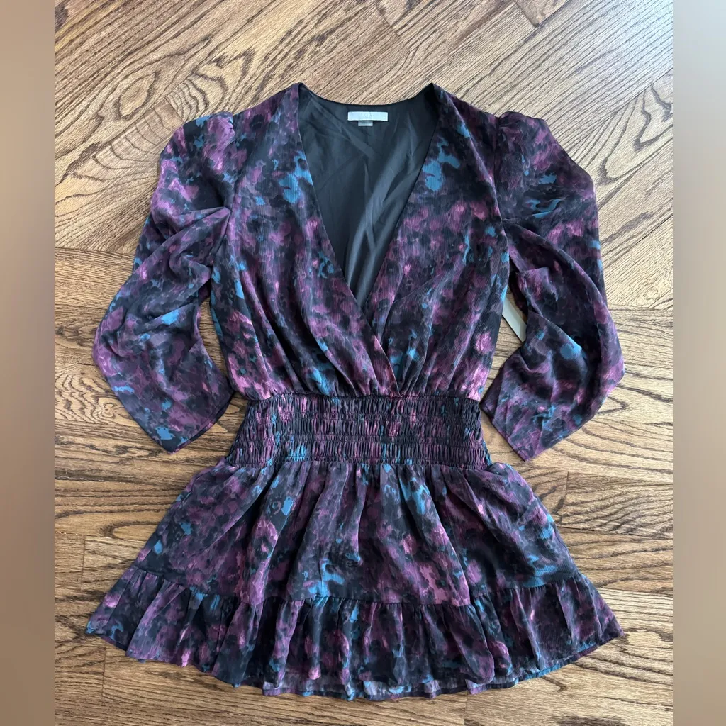 NWT Tart Leighton Georgette Mini Dress Ruffle smocked waist puff sleeve M Vneck Purple Size M - Image 2