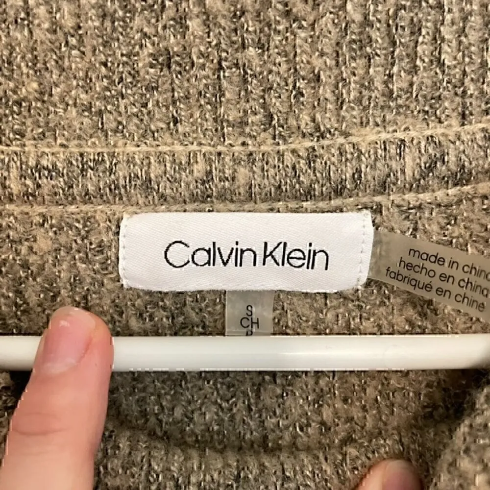 CALVIN KLEIN Beige Tan Black Chunky Knit Cable Knit Diamond Cowl Neck Sweater S - Image 5