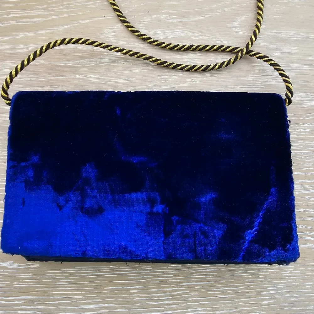 Vintage Blue Velvet Clutch Crossbody Purse with Zardozi Embroidery & Bead - Image 3