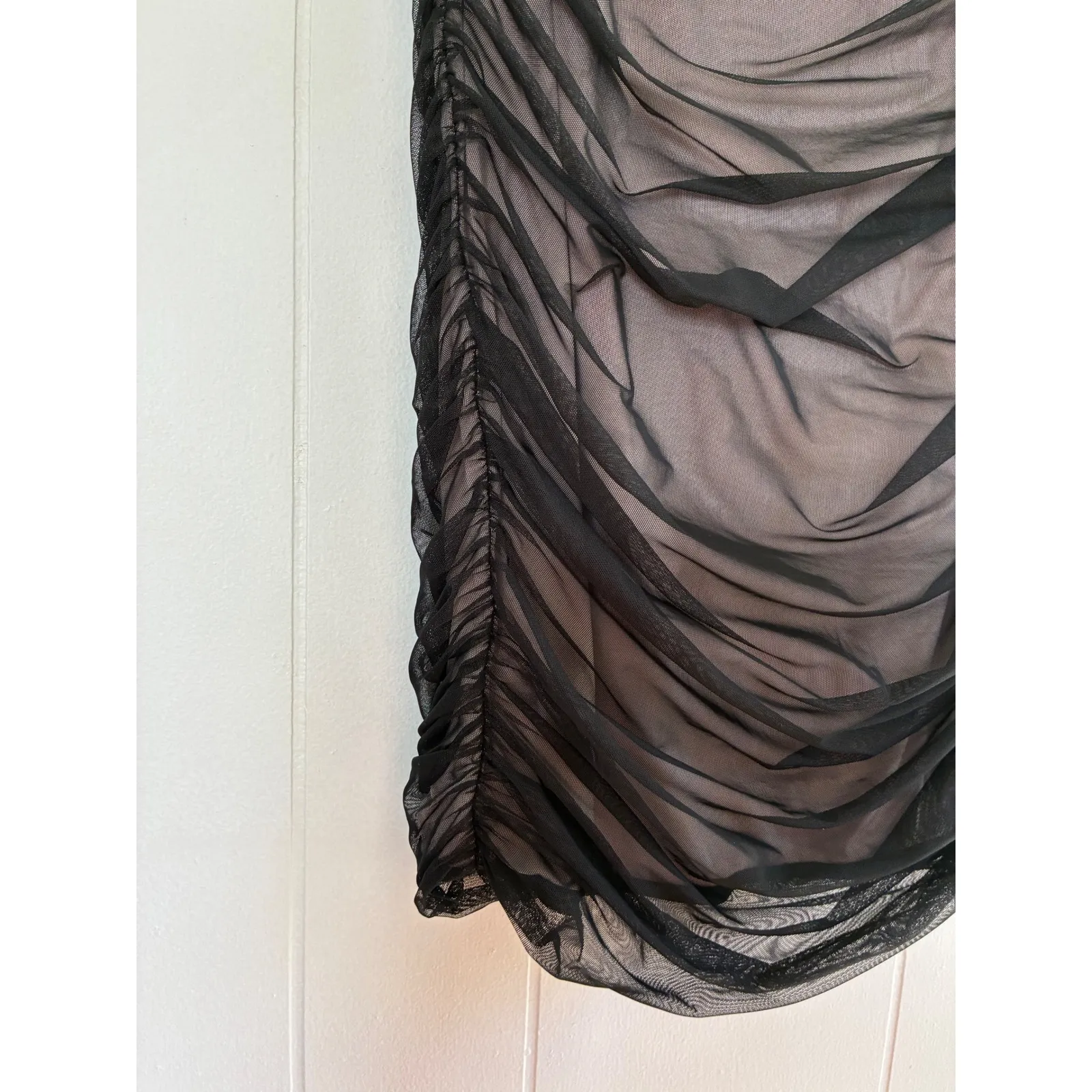 House of CB Tiana Black Ruched Mesh Midi Skirt Size M Power Mesh Lining - Image 2