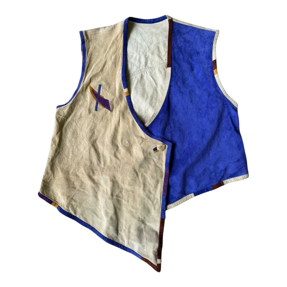 Vintage leather & suede vest high low button closing cream purple size medium - Image 13