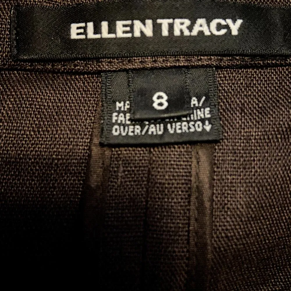 Ellen Tracy  Blouse 100% Linen Button Up Collared Short Sleeve Brown 8 - Image 3