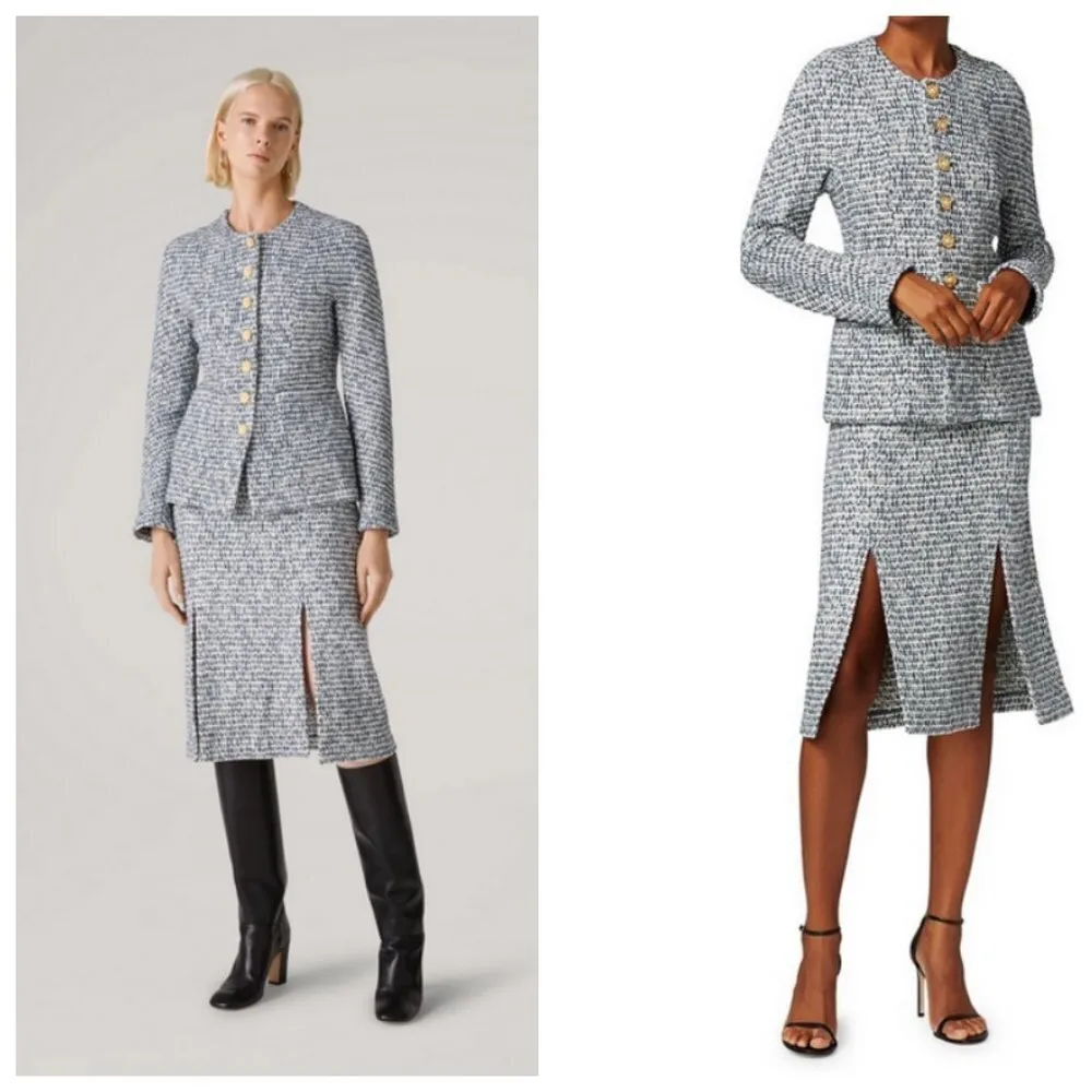 💕ST. JOHN💕 Cotton Blend Confetti Tweed Boucle Metallic Knit Midi Skirt Blue 14 - Image 15