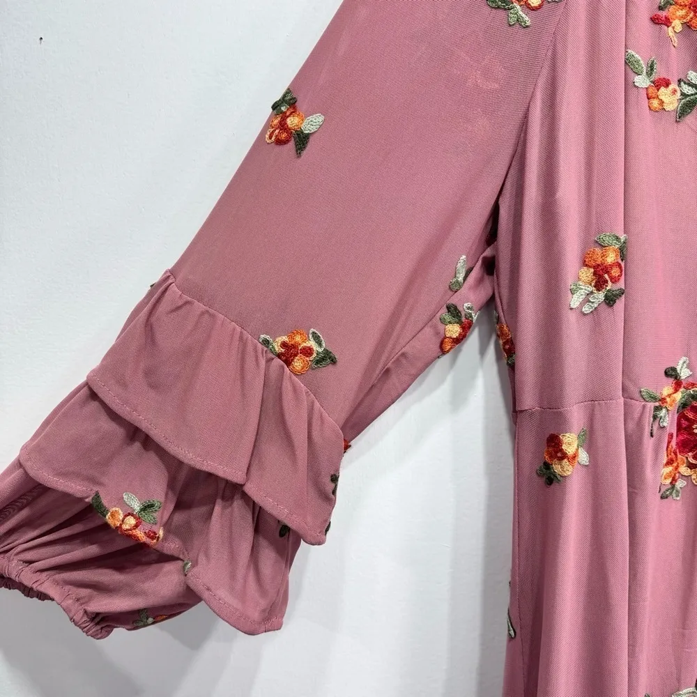 Mauve Embroidered Flower Sheer Overlay Ruffle Midi Dress by Figueroa & Flower Pink Size M - Image 9