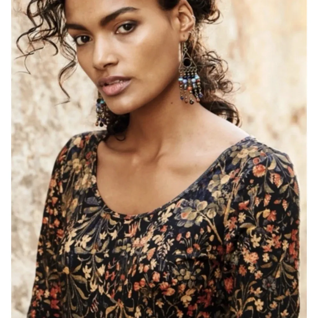 Peruvian Connection XS Giuliana Moody Floral Midi Dress 3/4 Sleeve Jersey Knit - Image 2