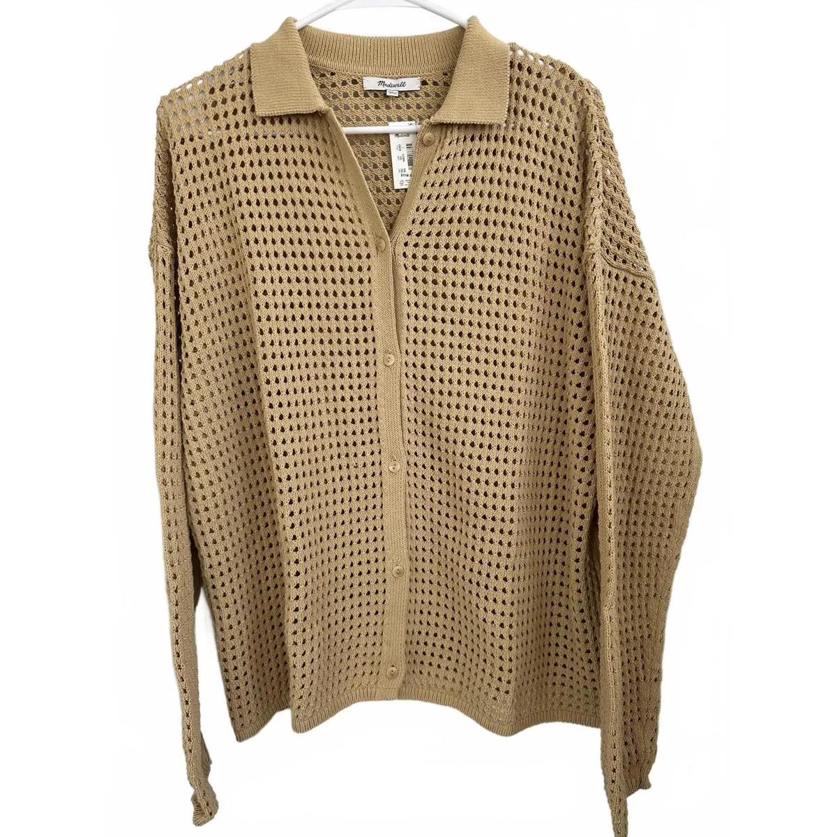 Madewell Open-Stitch Polo Cardigan Sweater Tan Neutral Beachy Coastal NWT Large - Image 3