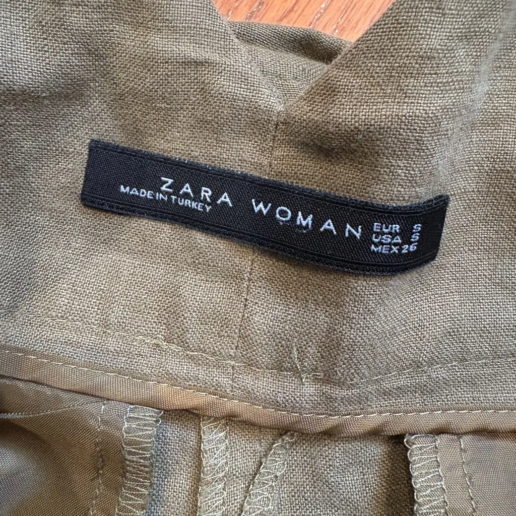 ZARA Woman Olive Green Belted Linen Wide Leg Pants – Size Small - Image 4