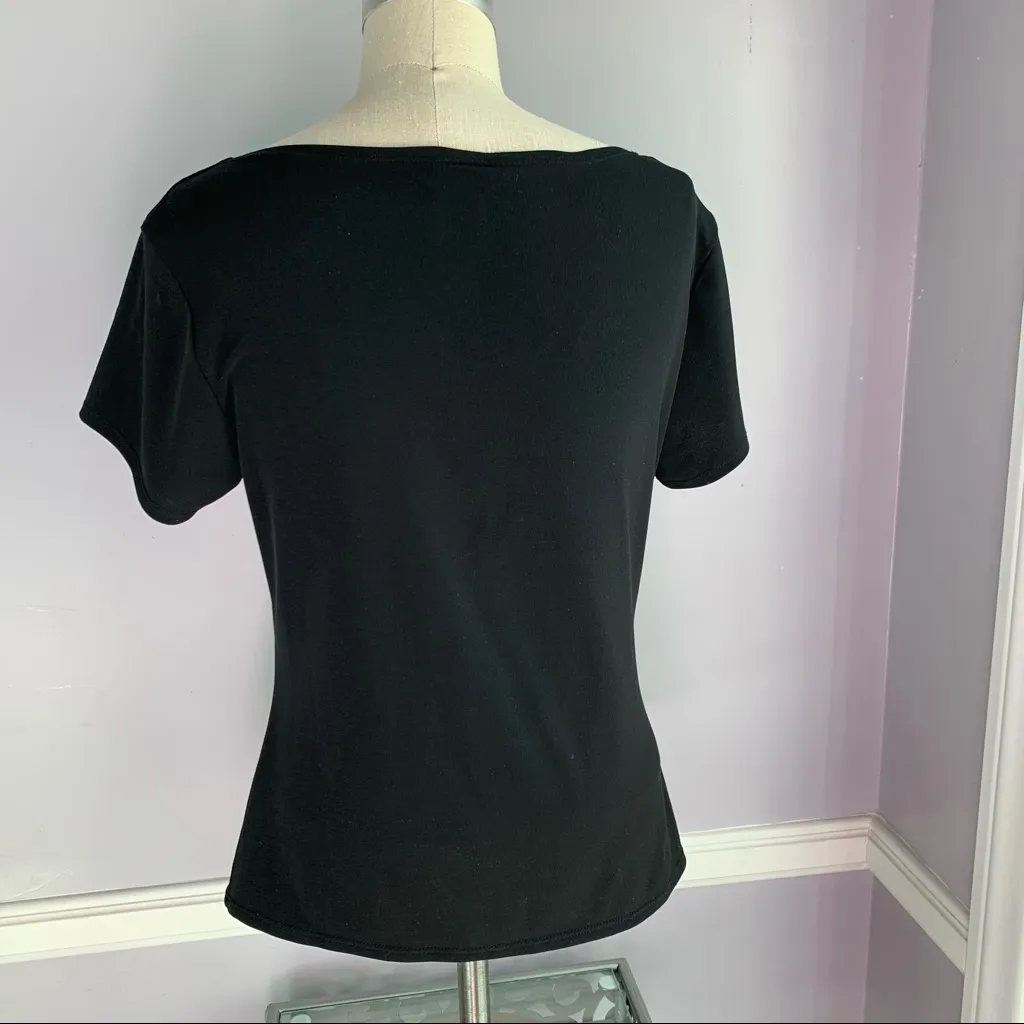 Retro asymmetric twist neckline fitted stretchy black top with short sleeves S - Image 5