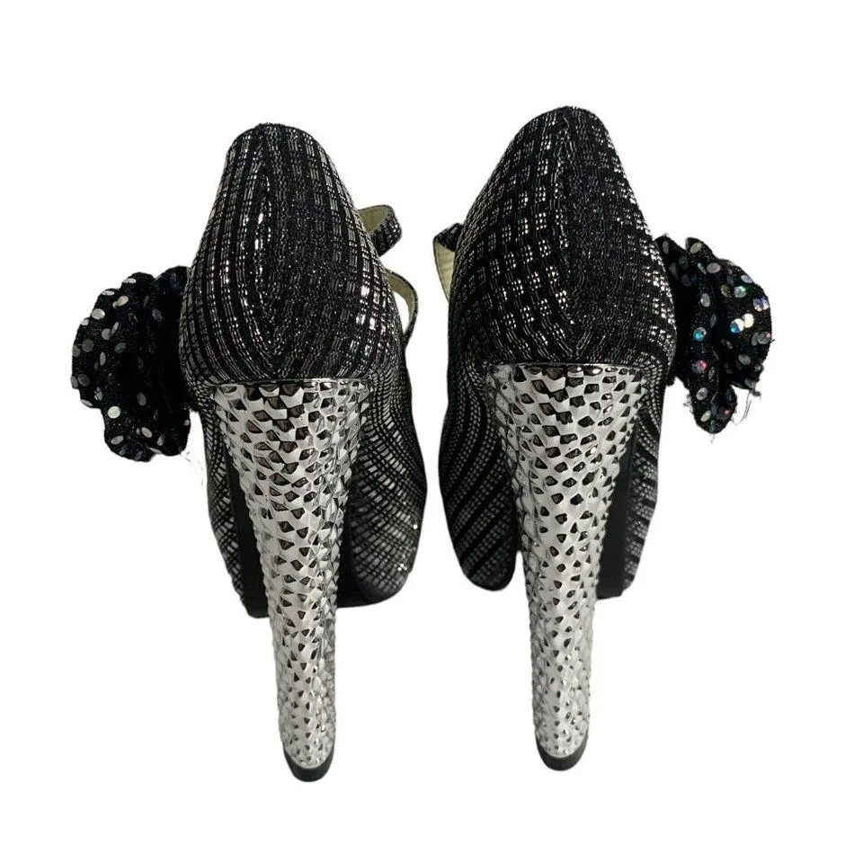 Gatuxus Metallic Platform High Heels Womens 7 Black Silver Straps Flower Size undefined - Image 7