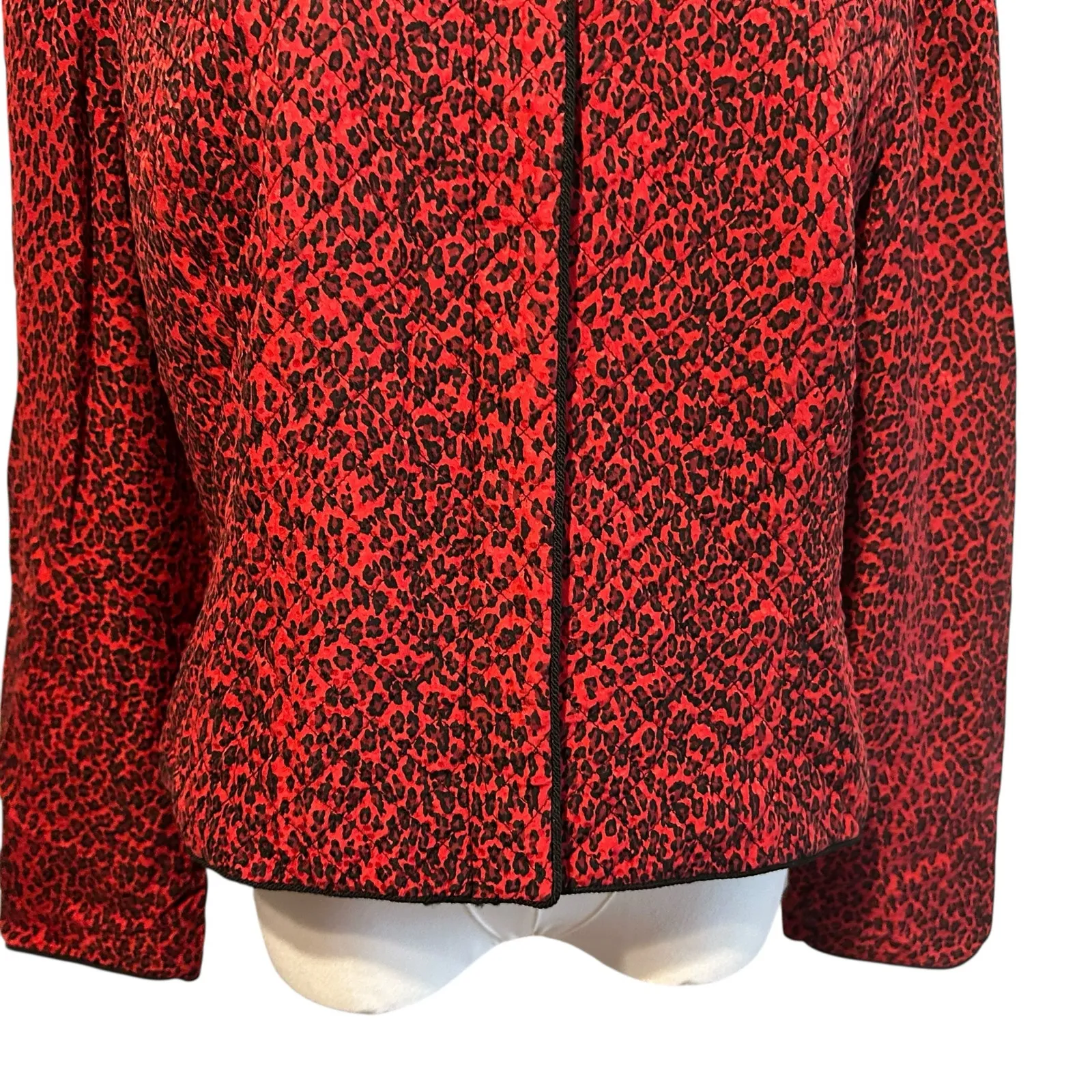 Vtg 80's Maggy London 100% Silk Jacket Womens Sz 14P Red Black Leopard Coat - Image 4