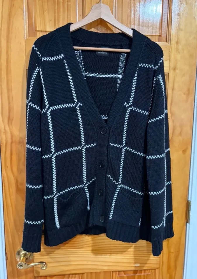 Anine Bing Kurt Cardigan Black White Windowpane Check Merino Wool Blend Size Med - Image 1