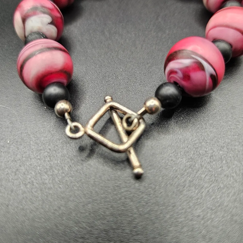 Polymer clay bracelet Pink marbled 7" - Image 3