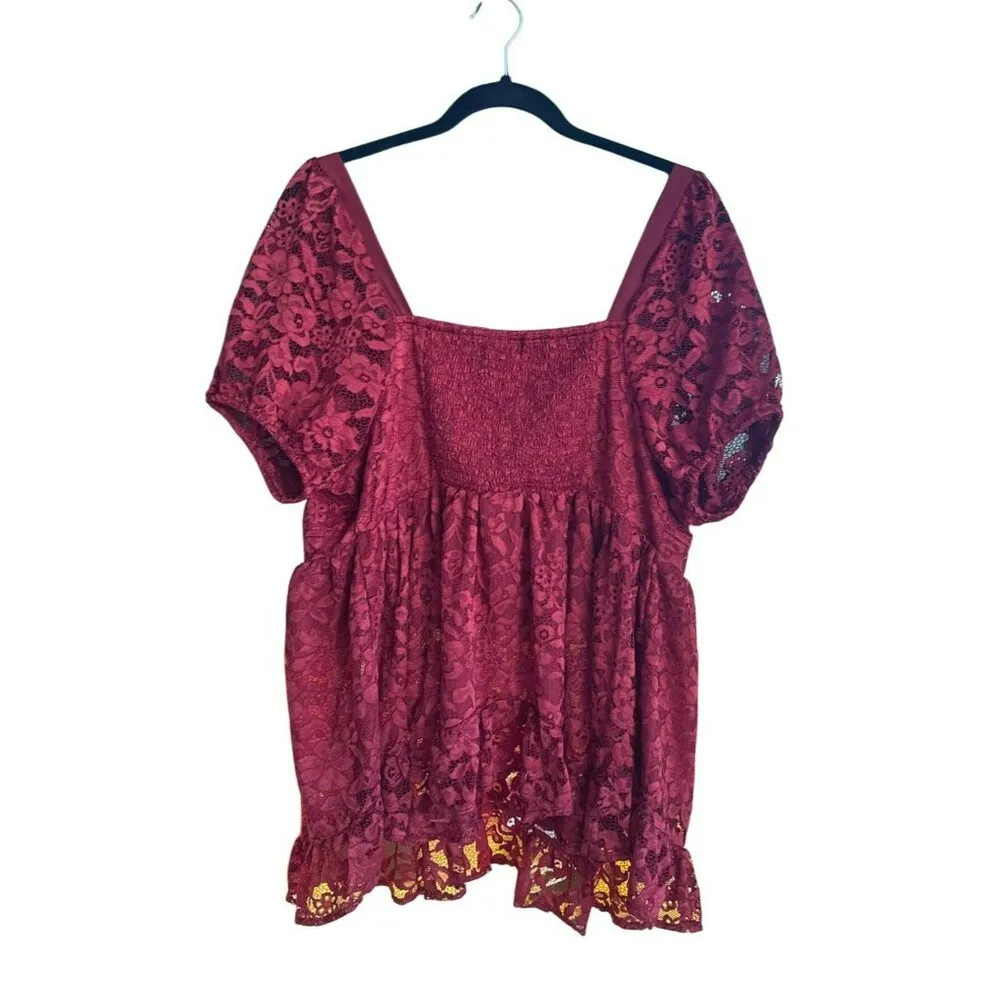 Torrid Babydoll Red Lace Puff Sleeve Top Size 0 / 12 / Large Stretch Peplum NWT - Image 3