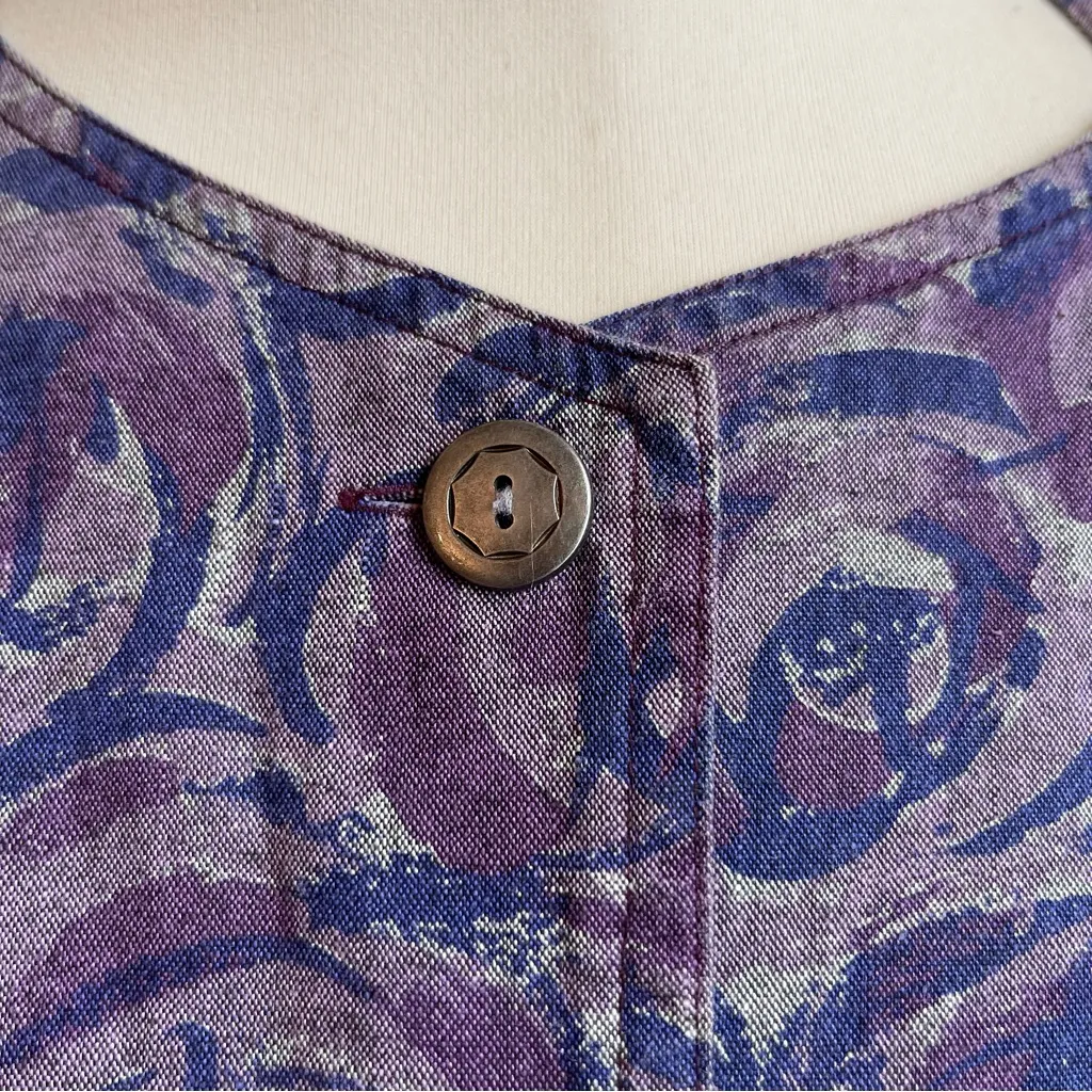 Vintage 80s Geiger Cotton Floral Jacket Blazer Purple Floral Metal Button Medium - Image 3