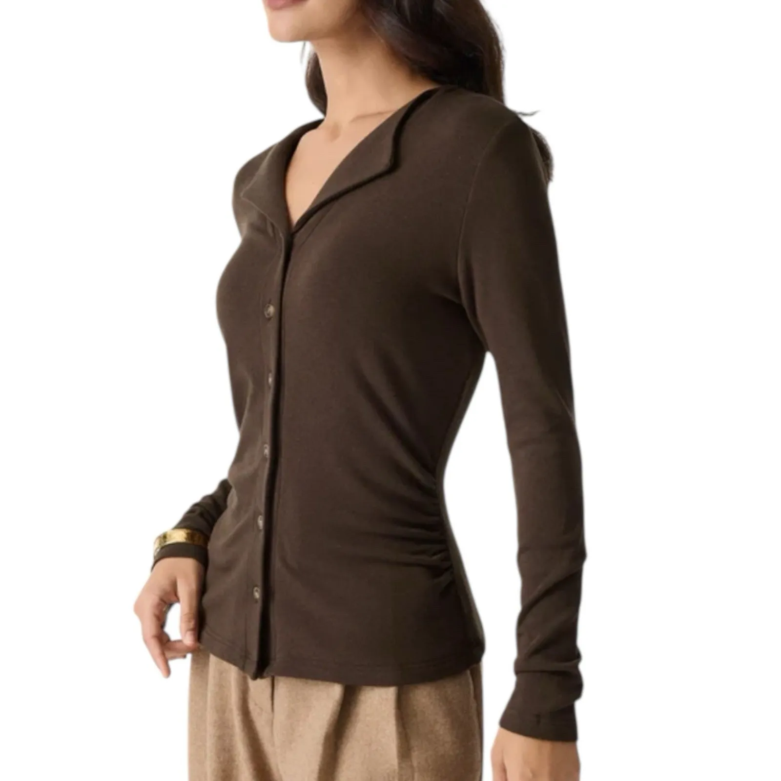 NWT OGL Prowarm Flapped V Neck Button Front Side Ruched Top Espresso Sz Medium Brown - Image 2