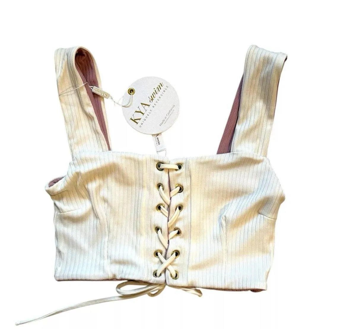 NWT Kya Swim Reversible Ribbed Bikini Top Lola S Revolve Lace Up Soft Girl Boho Pink - Image 2