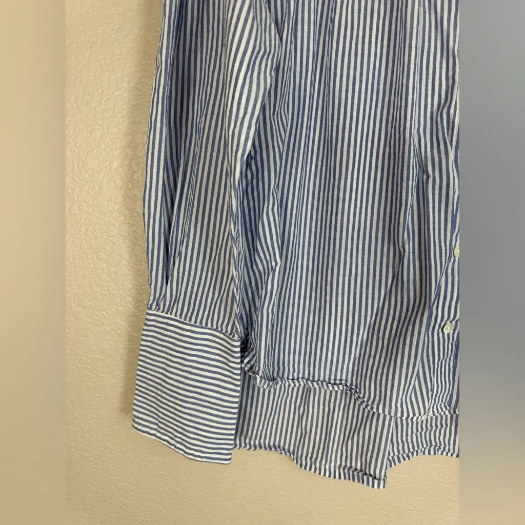 Frame Denim Pleated Clean Collar Blouse Navy Multi Blue White Stripe size Large - Image 10
