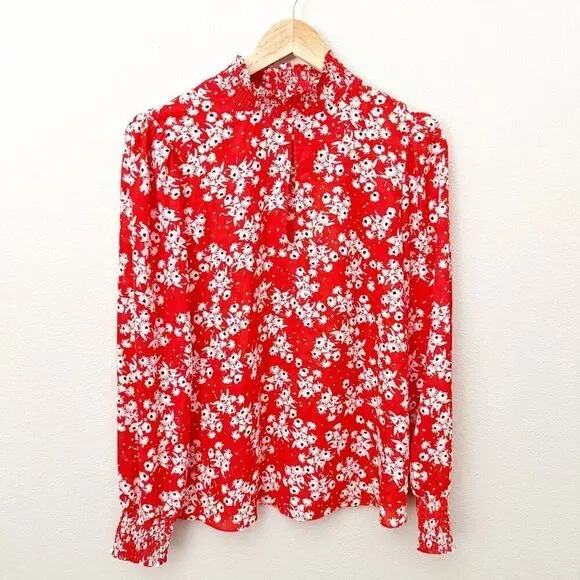 SOCIALITE x NORDSTROM | Red White Floral Blouse High Neck Smocked | Size Medium - Image 2