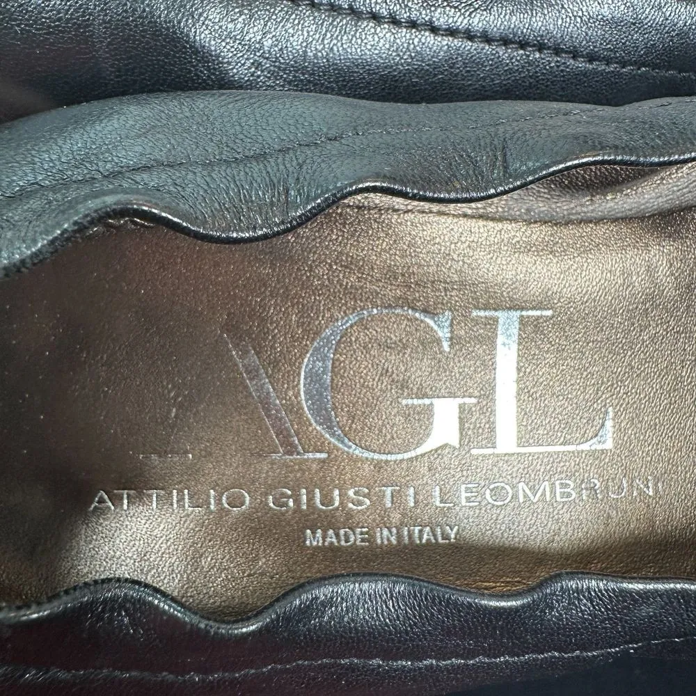 AGL Black Leather Chunky Heel Studded Pointed Cap Toe Heels Size 37.5 (US 7) - Image 3